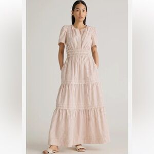 Quince Women's 100% Organic Cotton Poplin Tiered Maxi Dress Terracotta Stripe